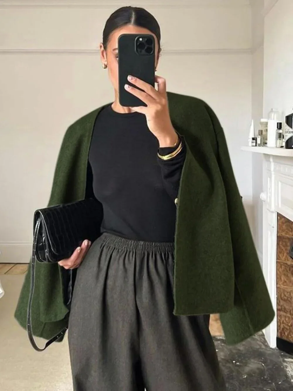 Women's Olive Wool Blend Cropped Collarless Long Sleeve Short Fall Pea Overcoat